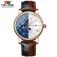 tevise watch wristwatch automatic mechanical movement moon phase complete calendar week display hardlex water resistant