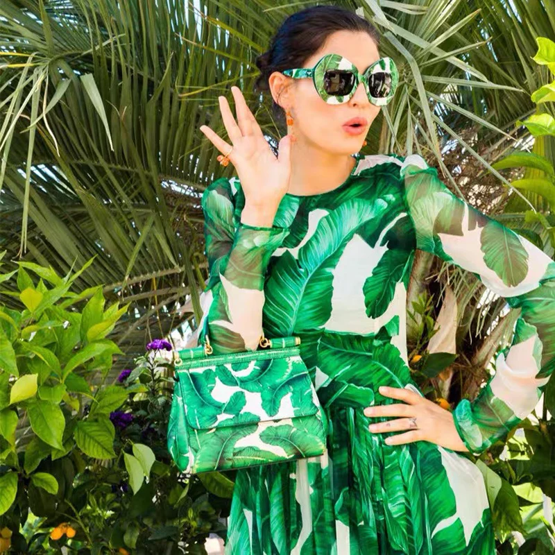 

Vacation Bohemian Plantain Leaf Green Print Women Dress 2 XL Plus Size Full Sleeves Scraf Belt Lady Long Dresses