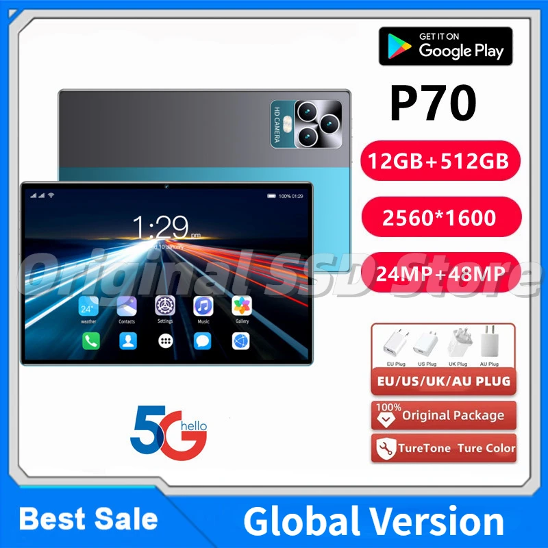 

Hot Sales 2023 Gobal Version Android Tablet P70 10.1 Inch Android 12 Bluetooth 12GB 512GB Deca Core 24+48MP WPS+5G WIFI Laptop