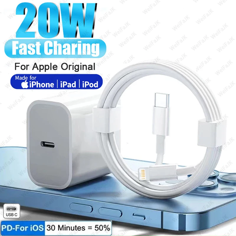 Original 20W Fast Charger For iPhone 11 12 13 Pro Max XS XR X 7 8 6 6S Plus AirPods iPad USB C To iPhone Adapter Charging Cable