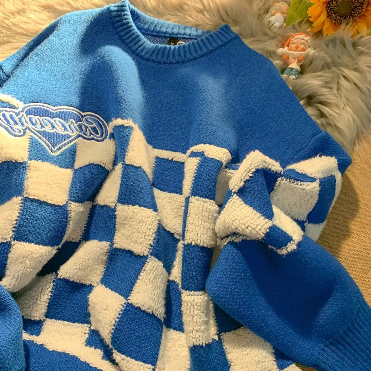 

Hiphop fried street checkerboard love sweater men and women autumn and winter students loose bf lazy wind sweater tide