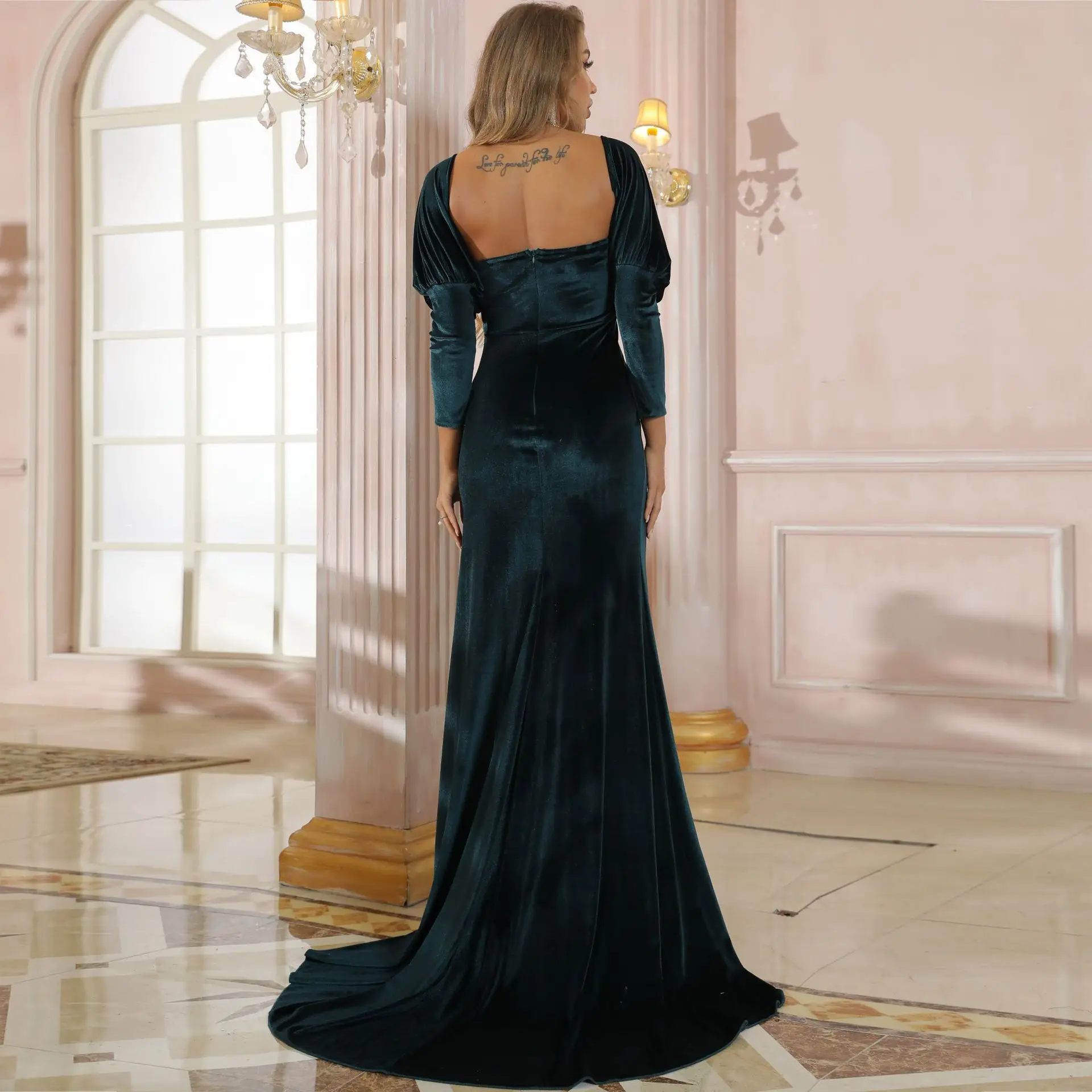 Ladies Collect Waist Night Club Party Velvet Dark Green Summer  Off Shoulder Slim Celebrity Dresses Evening Gowns Slit Vestidos