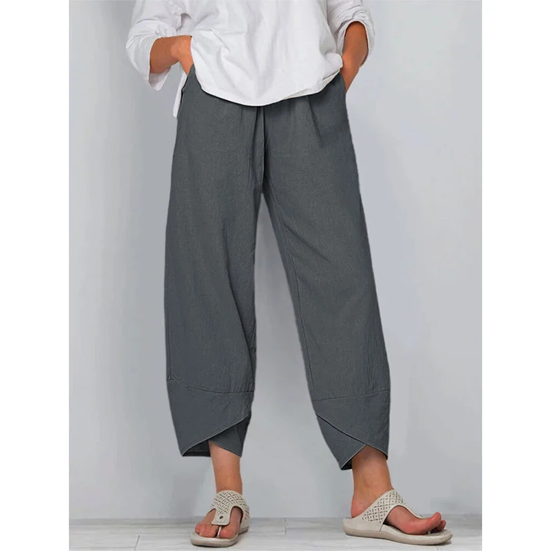 Women Cotton Linen Pants Loose Comfort Elastic Waist Harem Pants Vintage Solid Casual Pockets Wide Leg Trousers Cropped Pants