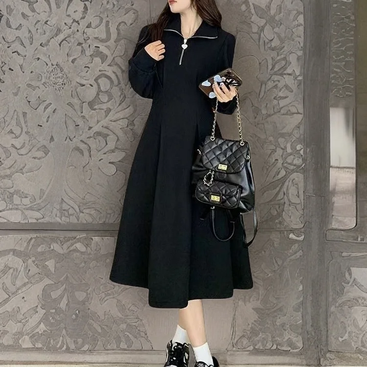 

Korean Gentle Style Cinched Waist Stand Up Dress Long Sleeves Show Off Slim Thick Midi Underneath Dresses Mid-Calf Dress