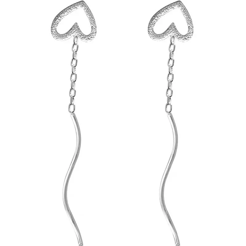 Простые полые серебряные серьги с сердечками и длинными кисточками женские