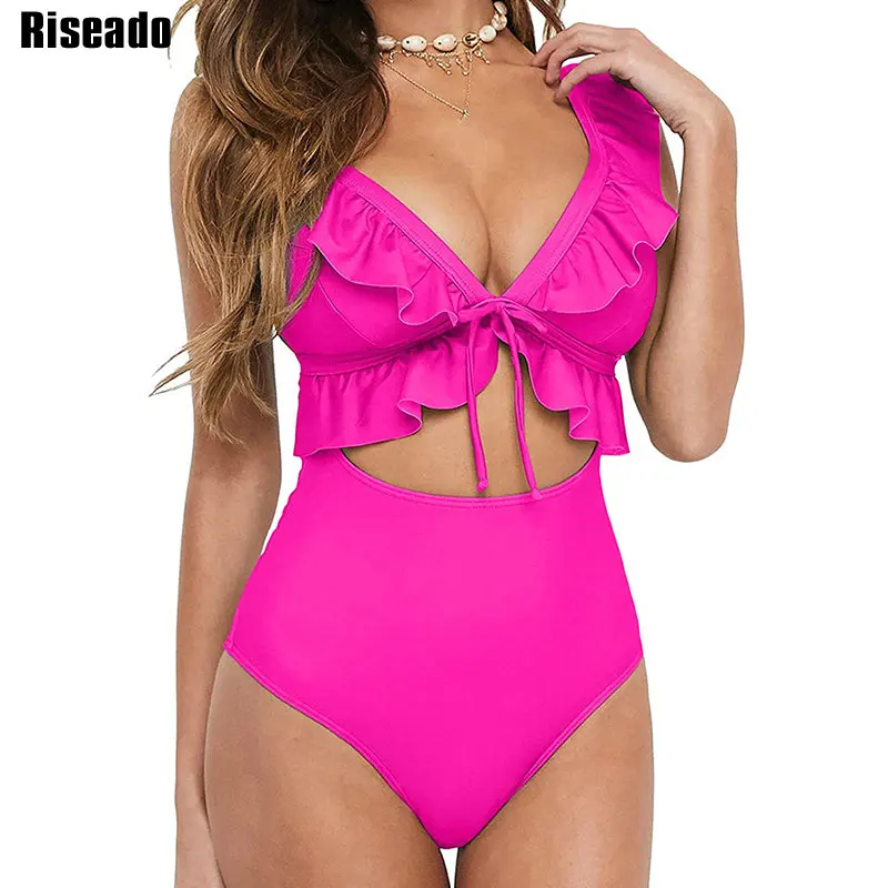 

Riseado сексуальный купальник с оборками, цельный лоскутный купальник, новинка 2022, боди с вырезами, женский купальный костюм с v-образным вырезо...