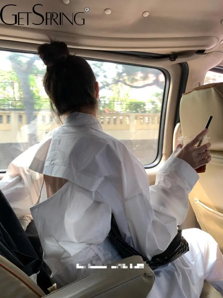

GetSpring Women Shirt Solid Backless Loose Leisure Long Ladies Blouse Fashion All Match Blue All Match Female Tops 2022 New