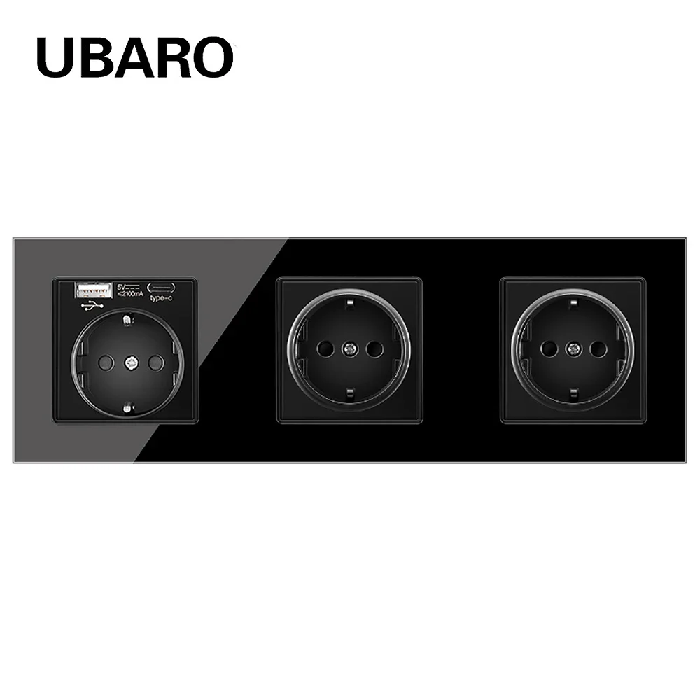UBARO Стандарт ЕС из закаленного роскошного хрустального стекла, настенная розетка, электрическая USB-розетка типа C, 5 В, 2100 мА, AC110-250 В, 16 А