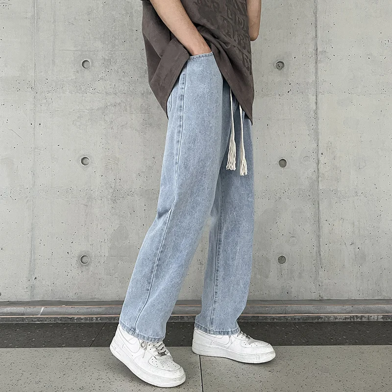 Summer Drawstring Jeans Men Fashion Retro Harajuku Straight Jeans Men Streetwear Hip-hop Loose Denim Pants Mens Trousers S-3XL