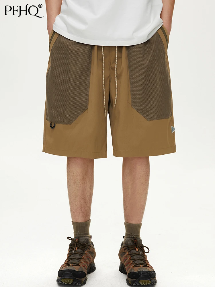 

PFHQ Japanese Style Wear Patchwork Large Pocket Design Men's Shorts 2022 New Loose Grid Fabric Drawstring Fashion Texture21X1258