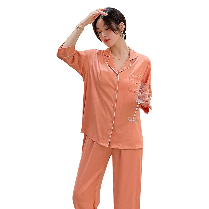Pajamas women's new imitation silk short-sleeved trousers cat embroidery suit pajama set women