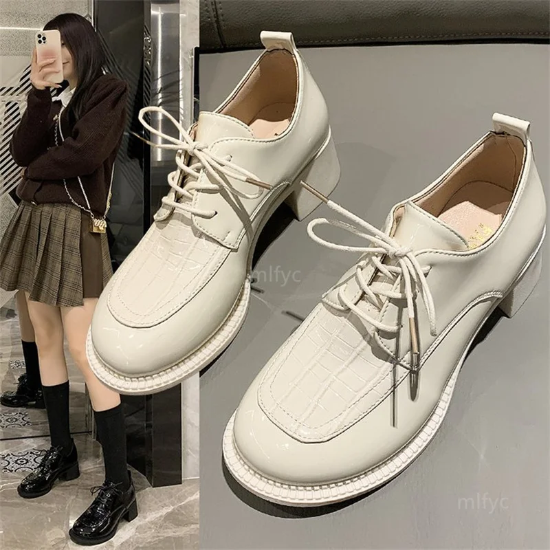 

British style small leather shoes women's spring, autumn and summer new lace-up women's shoes round toe mid-heel Mary Jane shoes