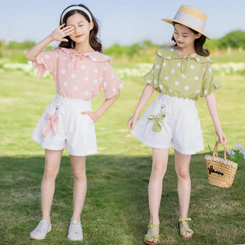 

Summer Children Clothing Sets for Girl Polka Dot Short Sleeve Kids Tracksuit Fashion School Girls Clothes Outfits 6 8 9 12 Year