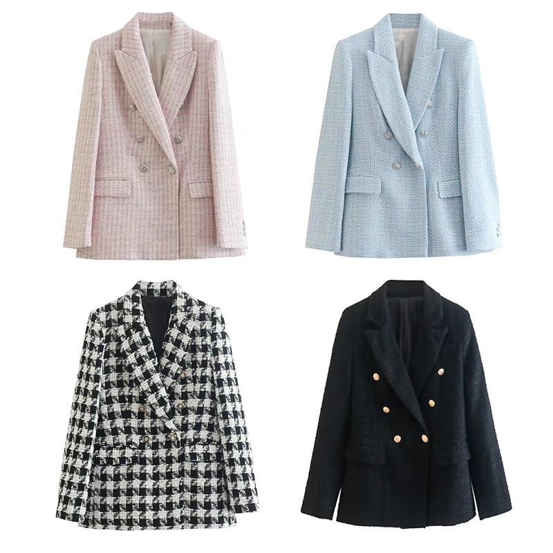 Женский твидовый двубортный Блейзер WXWT однотонная верхняя одежда с длинным