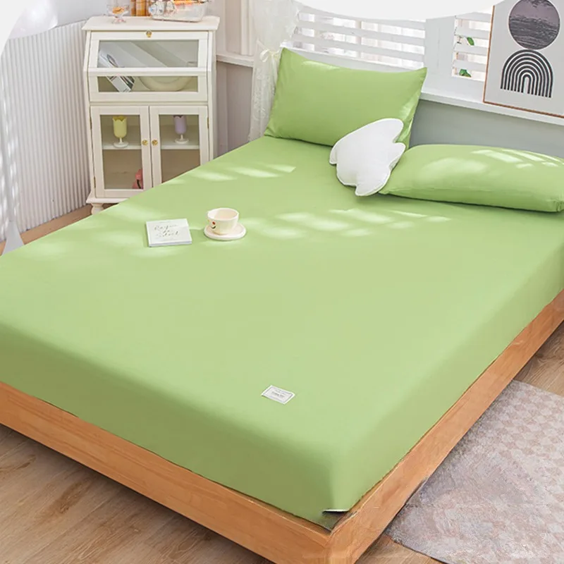 

Green Washed Cotton Fitted Bed Sheet Solid Color Mattress Cover with Elastic Band Single Double Queen King Size Home Decor 가구