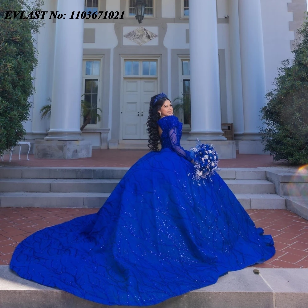 EVLAST 2025 Королевское синее платье Quinceanera бальное кружевная аппликация корсет из