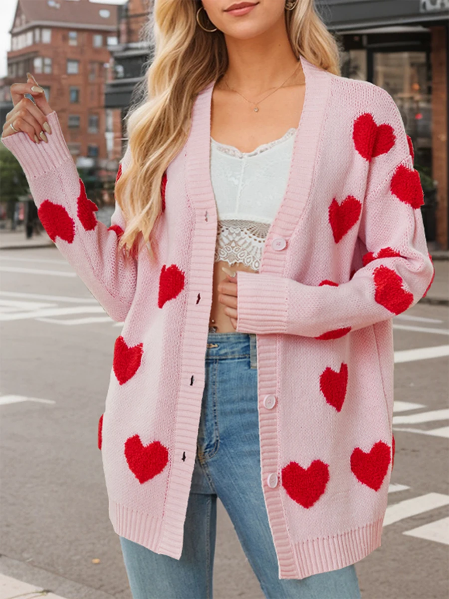 Женский кардиган большого размера с нечеткими сердечками и вышивкой длинным