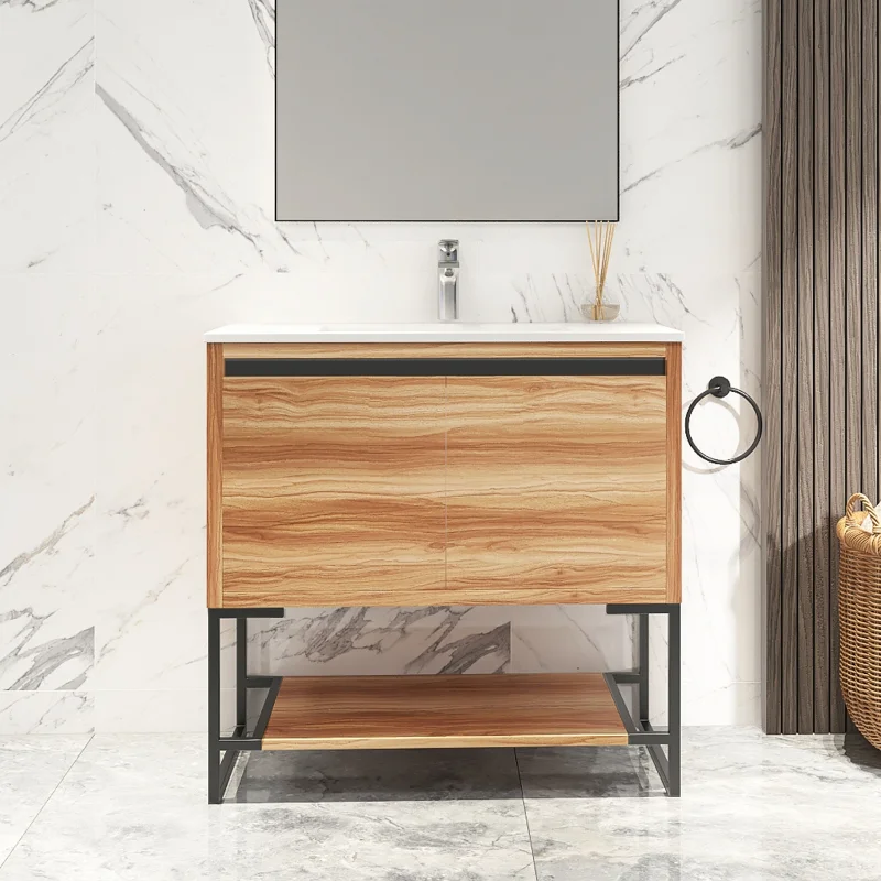 

32 Inches Wood Freestanding Bathroom Vanity Combo with Integrated Ceramic Sink and 2 Soft Close Doors Maple