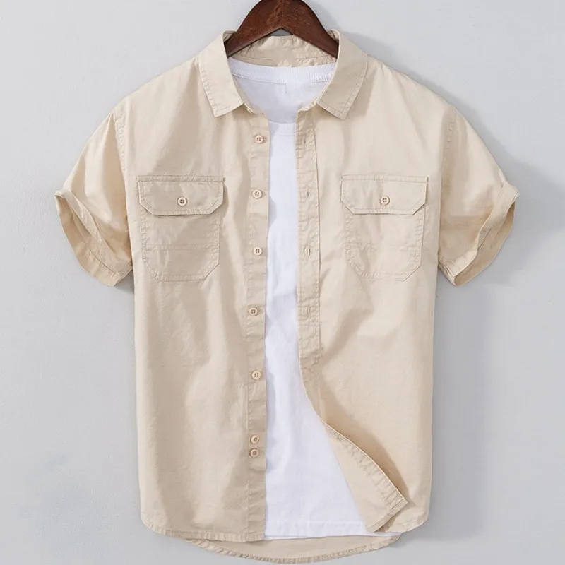 

Рубашка-карго мужская с карманами, дышащая блуза из чистого хлопка, на пуговицах, повседневная одежда с отложным воротником, на лето
