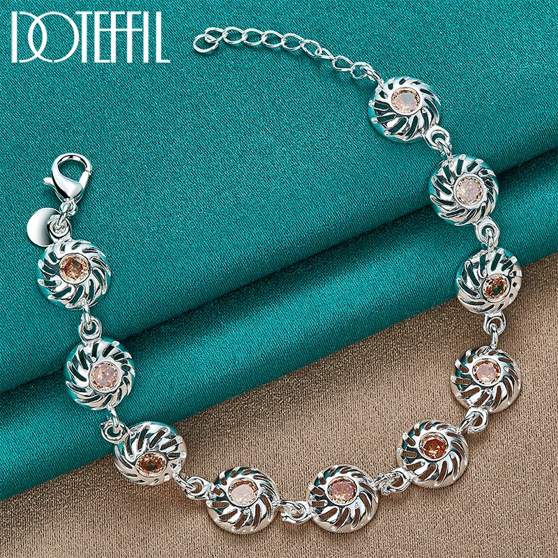 

DOTEFFIL 925 Sterling Silver Round AAA Orange Zircon Chain Bracelet For Women Wedding Engagement Party Charm Jewelry