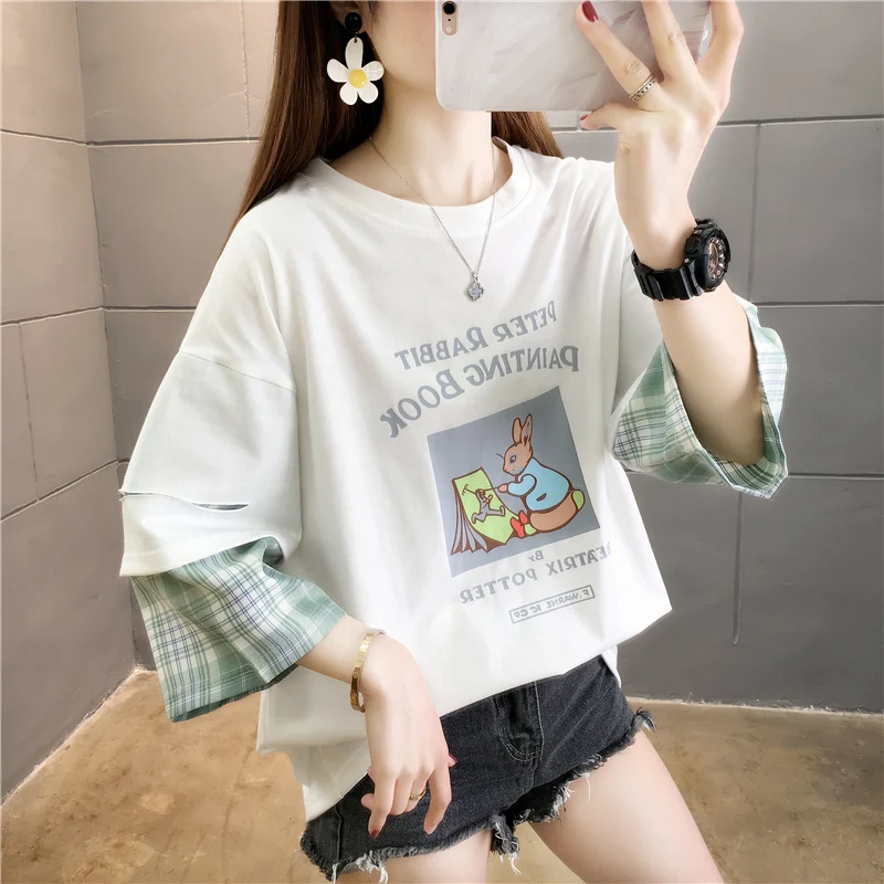 Футболка женская клетчатая в стиле пэчворк