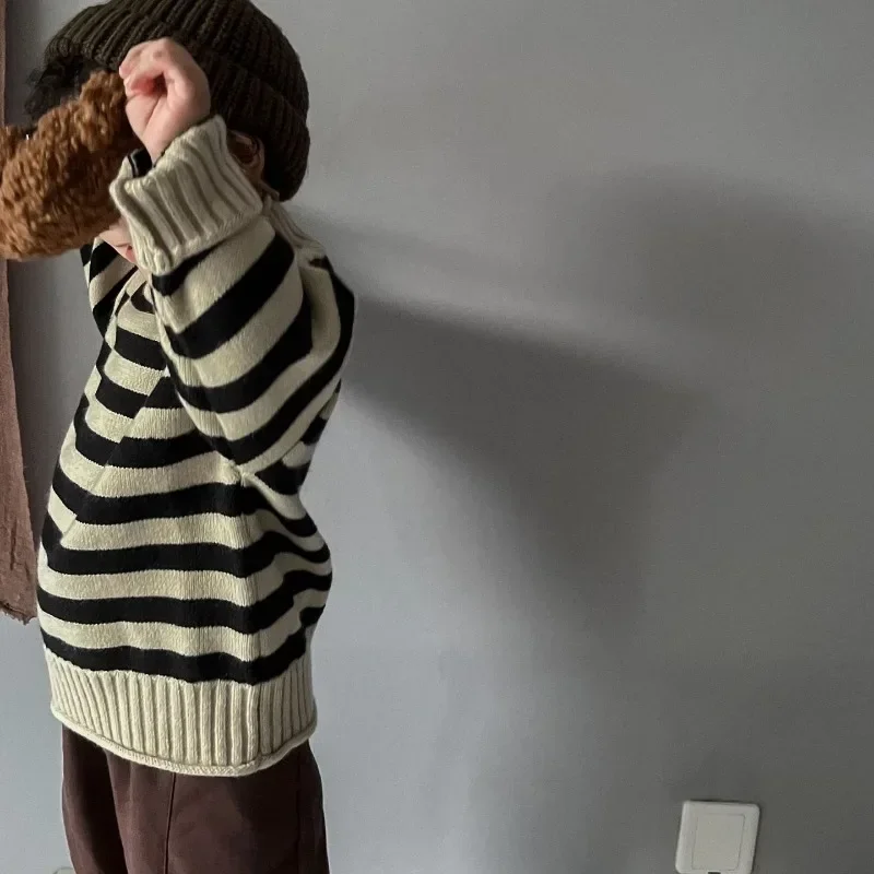 Детский утепленный вязаный свитер Классический Полосатый пуловер с