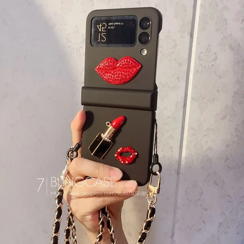 

Rhinestone Lipstick Lips Long Lanyard Phone case For Samsung Galaxy Z Flip 3 Hand Chain Z Flip 4 Cover