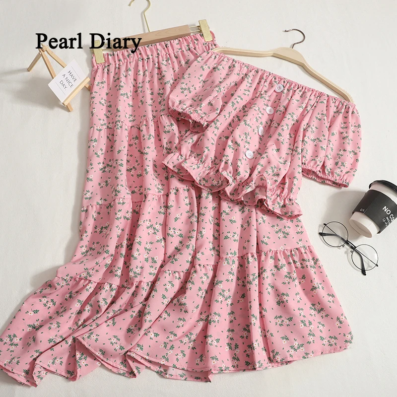 

Pearl Diary Summer New Style Slash Neck Short Top Women High Waist Thin Skirts Dense Flower Pattern Dress All-Match Skirt Sets