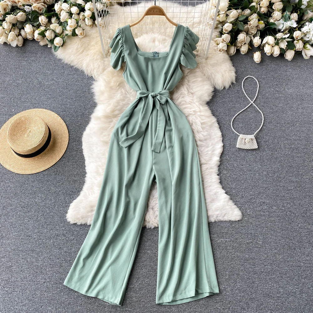 

Summer New Women's Jumpsuit Solid Color Square Collar Short Sleeve Sash Lace-up Wide Leg Pants Casual Female Ankle Length Romper