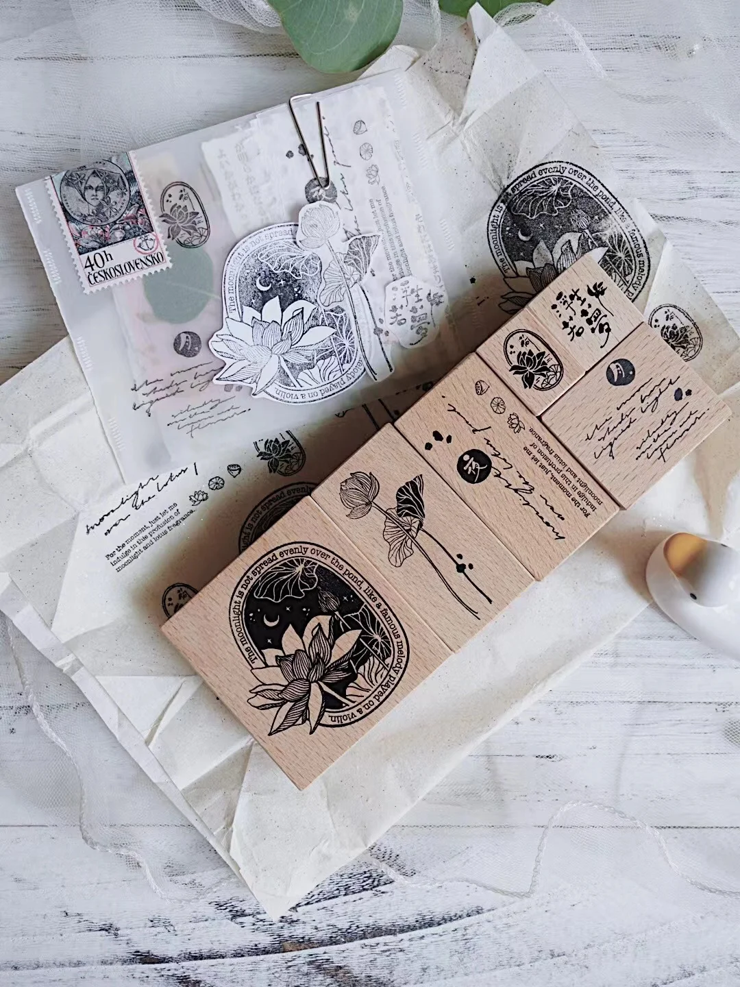 Винтажный деревянный резиновый штамп в форме лотоса с лунным светом для