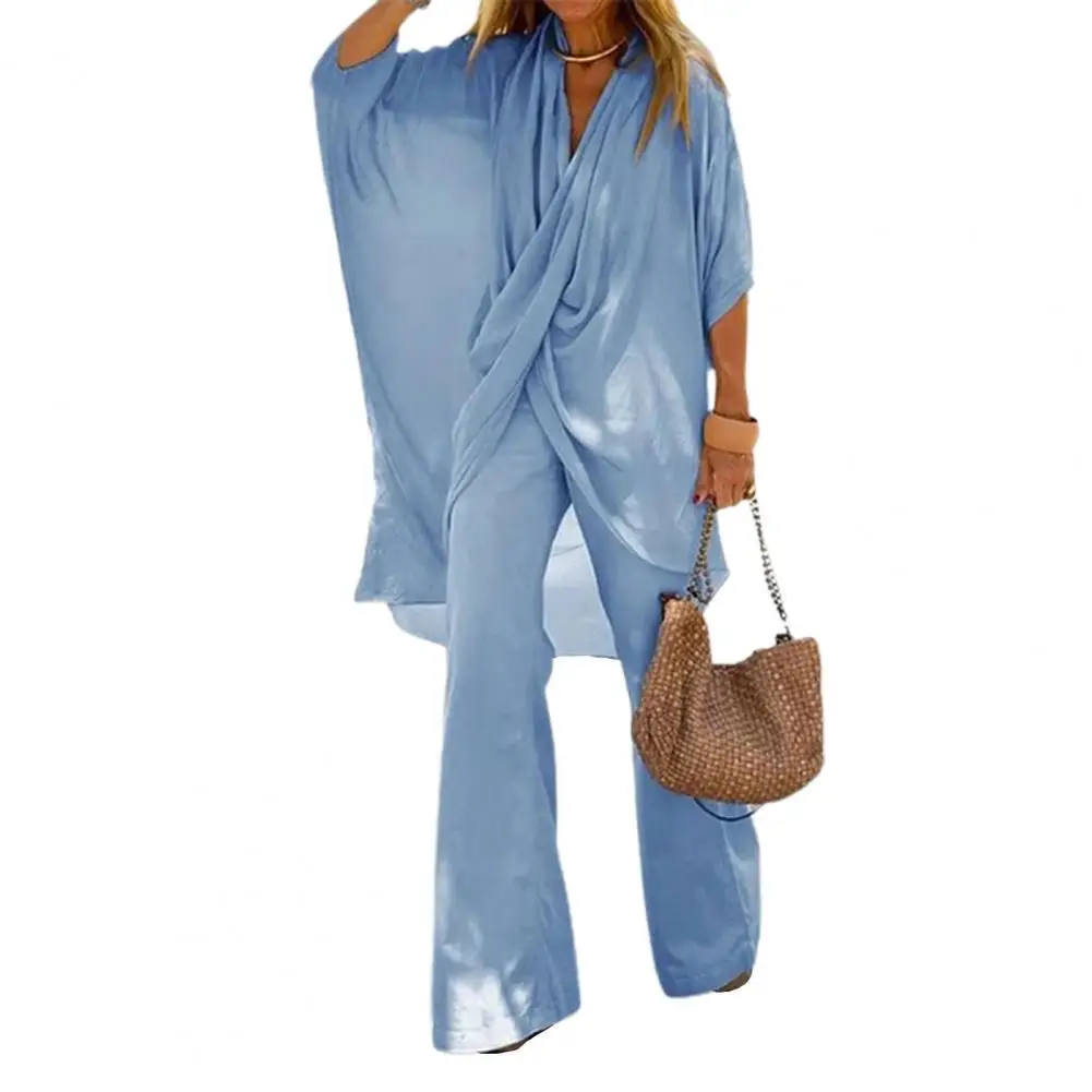 

2pcs/Set Solid Color Outfits Women Tracksuits Casual Bat Sleeve Irregular Cross Top Wide Leg Pant Suits Women Two Piece Set