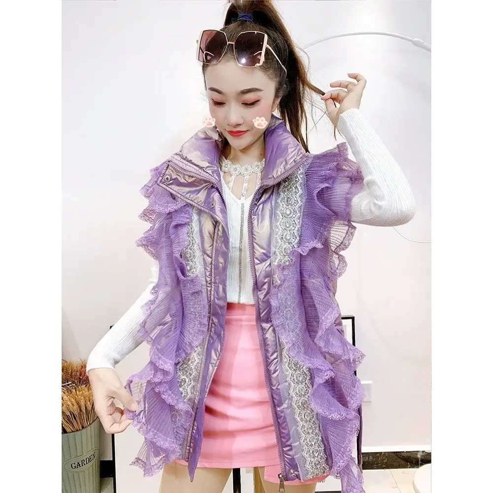 

Хлопковое пальто, жилет, женский жилет, новинка 2022, зимние кружевные Стразы с воротником-стойкой, модное яркое лицо