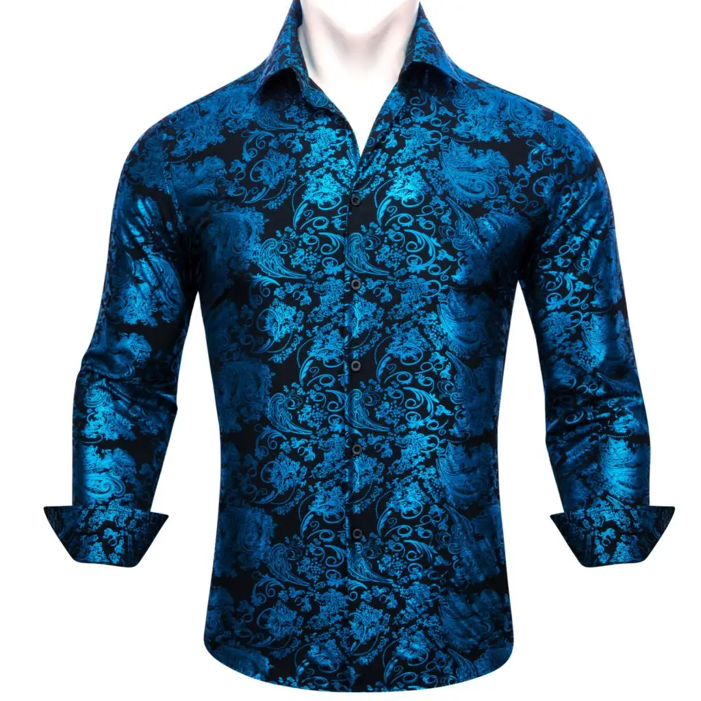 

Designer Shirts for Men Silk Long Sleeve Blue Black Flower Emroidered Regular Slim Fit Male Tops Casual Lapel Bloues Barry Wang