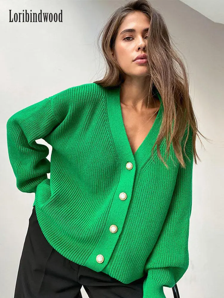 

Women V-Neck Solid Sweater Cardigan Elegant Long Sleeve Single-breasted Sweaters 2022 Autumn Winter Female Streetwear Cardigans