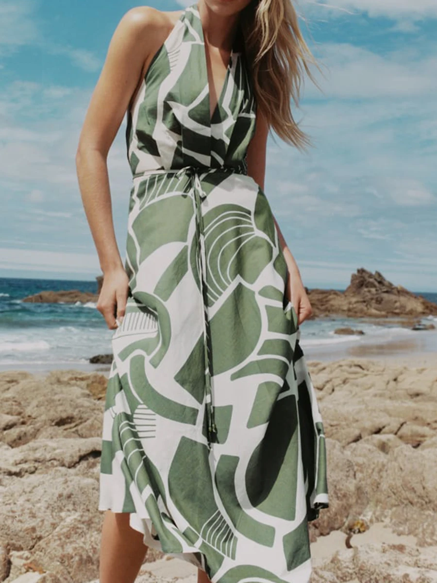 

Мини-платье с геометрическим принтом и лямкой на шее, Новинка лета 2023, соблазнительные платья без рукавов с глубоким V-образным вырезом и открытой спиной, Женские повседневные шикарные женские платья