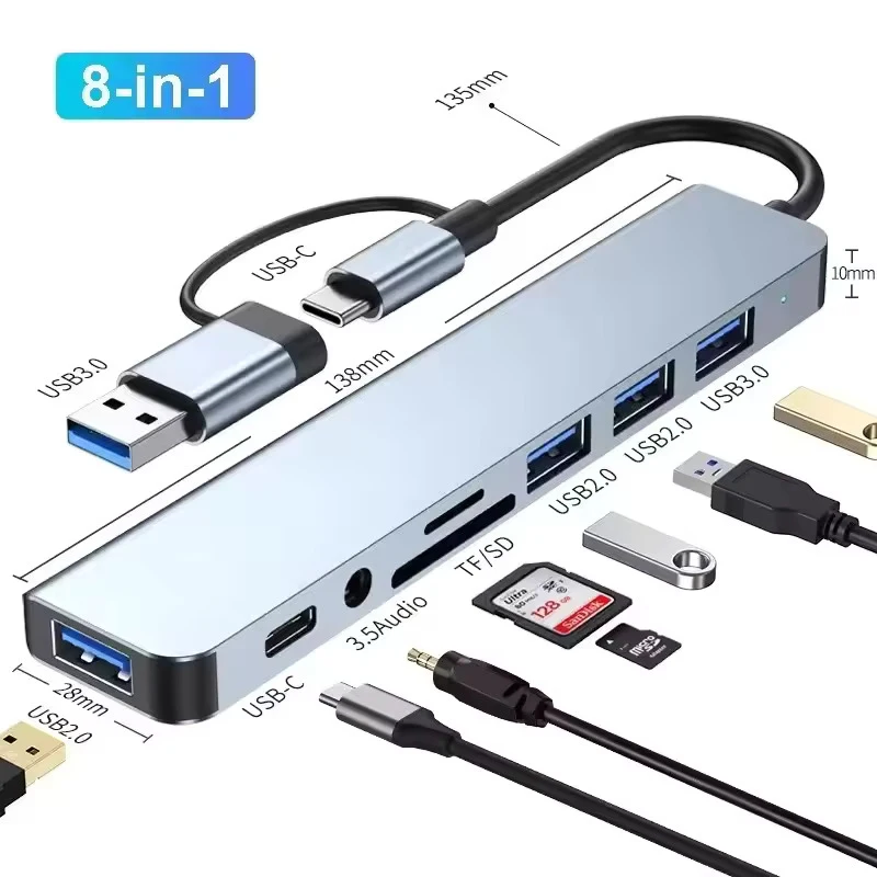 8 в 1 USB Type-C HUB із спліттерним пристроєм для зчитування карток USB 3.0 USB 2.0 SD/TF Спліттер для зчитування карток Док-станція для ПК HUAWEI Xiaomi