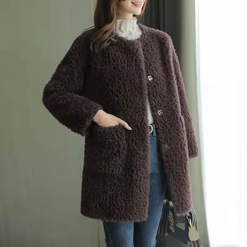 2022 Winter Pellet Sheep Faux Fur  Shearing Cashmere Coat Fur Coat Midi Long Lamb Fur One Woman Luxury Elegant Lady Clothes