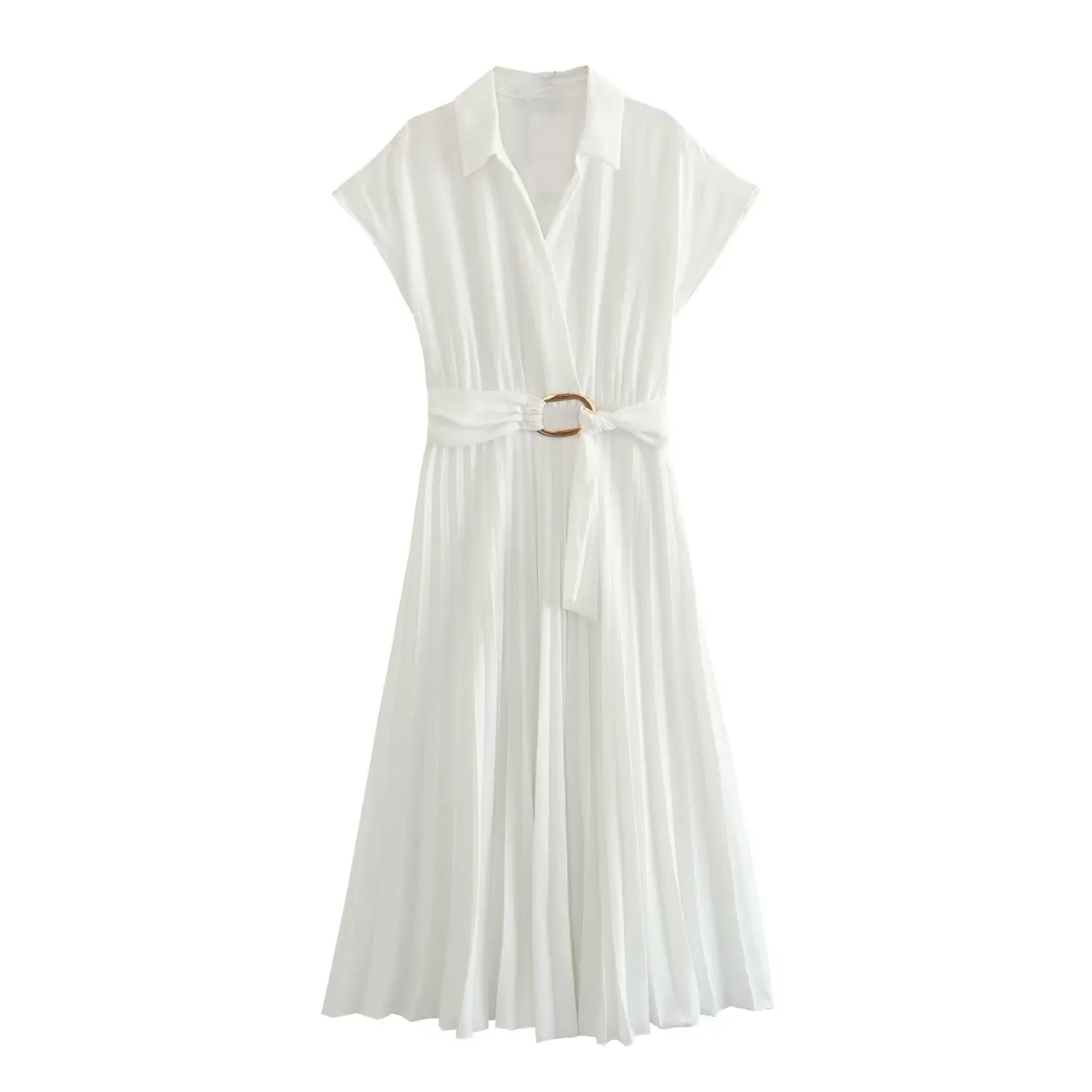

Women 2023 New Fashion Summer Small Pleated Double-Breasted Dress Vintage V-Neck Casual Chic Female Dresses Vestidos robe Mujer