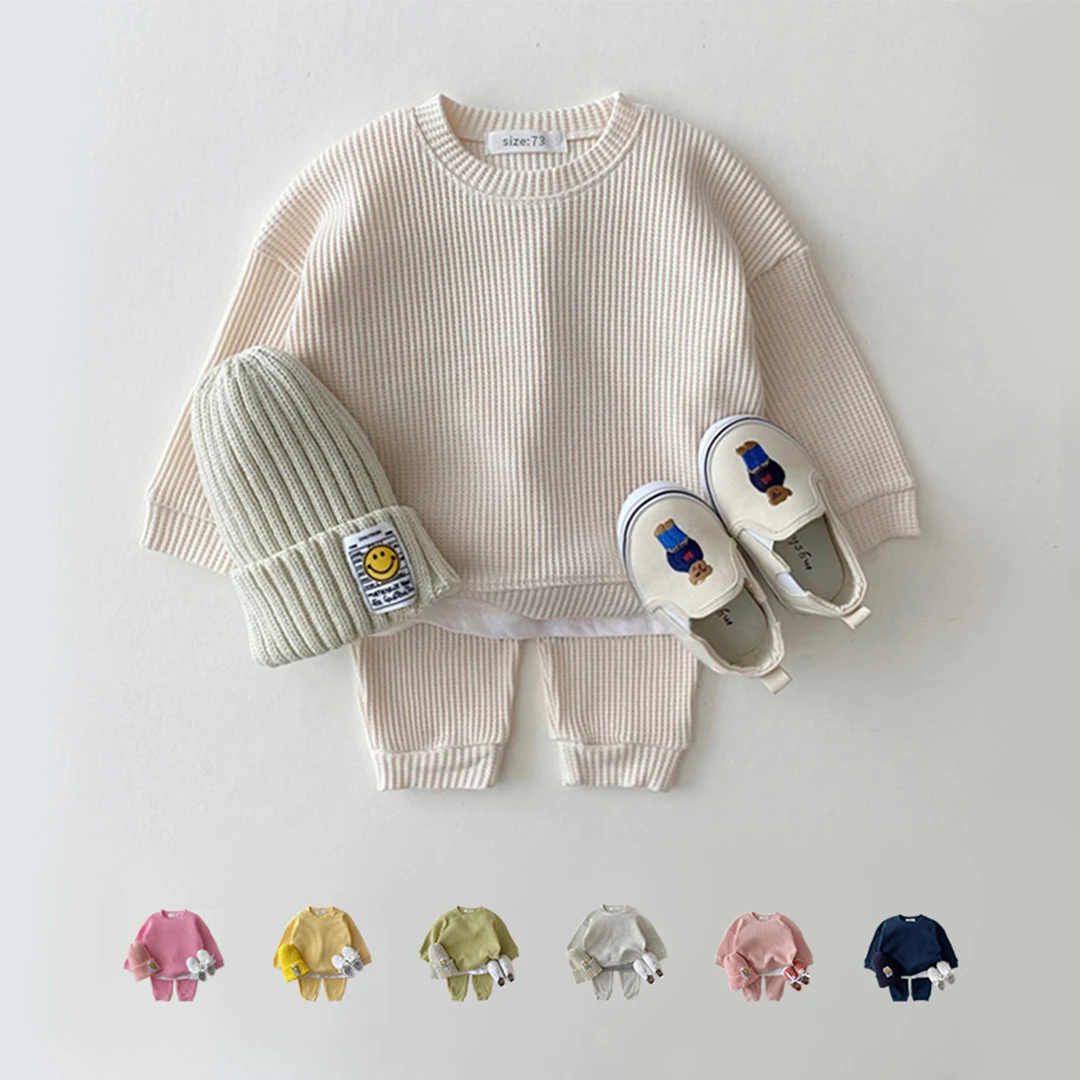   2023 Korean Baby Cotton Kintting Clothing Sets Mock Two-piece Waffle Cotton Kids Boys Girls Clothes Sets Tracksuit Tops+Pants 