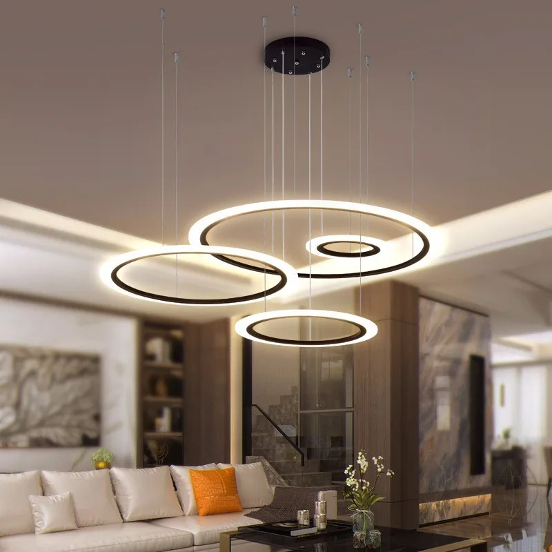 

Modern Black Rings Chandelier 40/60/80/100cm Home Lustre with Remote Chandelier Lighting for Living Room Bedroom Restaurant