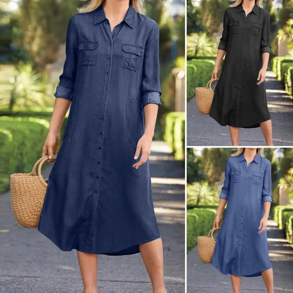 

Turn-Down Collar Loose Fit Long Sleeves Multi Pockets Shirt Dress Solid Color Single Breasted Denim Midi Dress Female Clothing