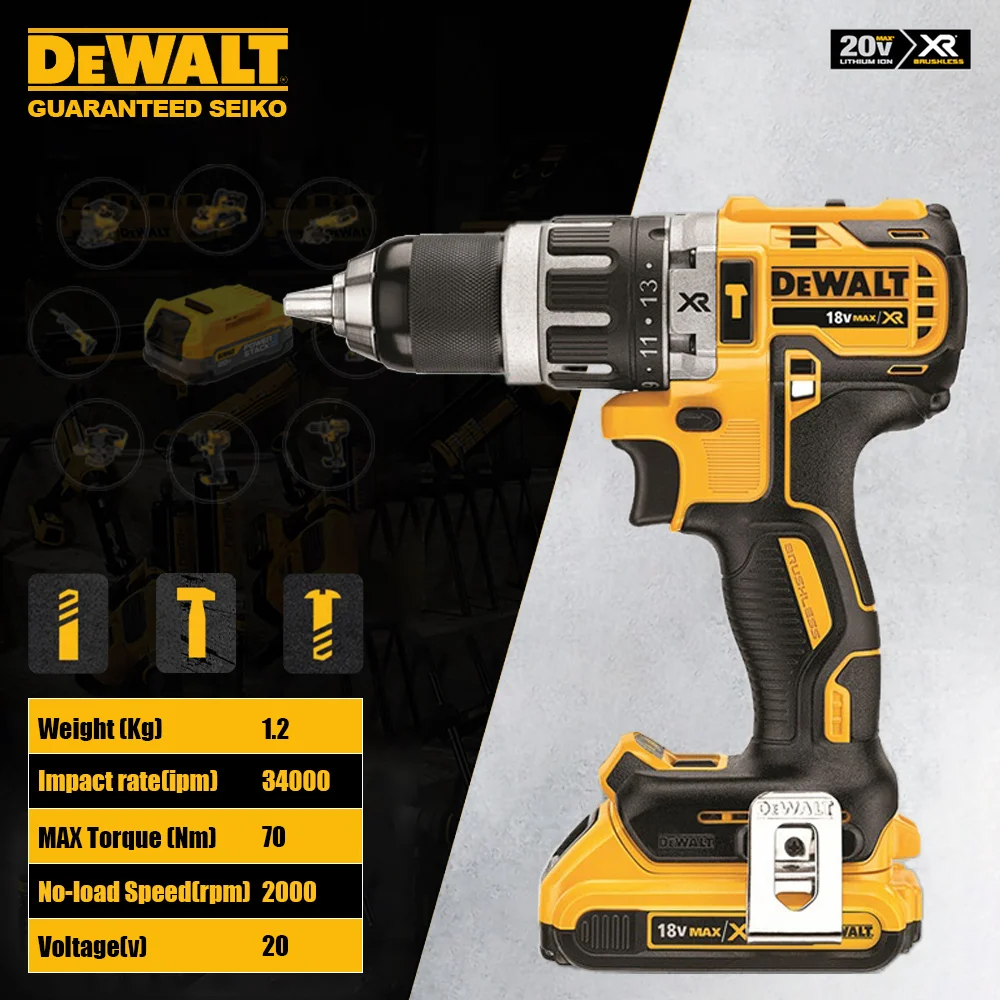Dewalt DCD796 Cordless Impact Drill Brushless Lightly Duty 70Nm 2000rpm 34000bpm Dual 2 Speed LED Universal 20v and 18v Battery