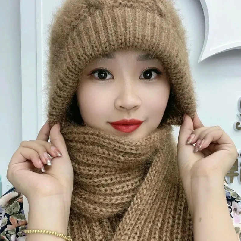 

Women Winter Warm Plush One-Piece Hat Scarf Thermal Hooded Earflap Knitted Hat Fashion Thicken Warmth Female Girl Hats Scarf