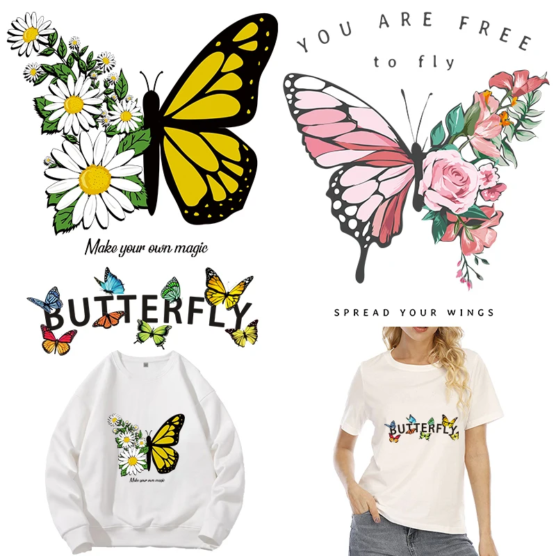 

Beautiful Butterfly Girl T-shirt Printed Heat transfer vinyl stripes Iron On Patches Clothing decoration DIY Iron stickers