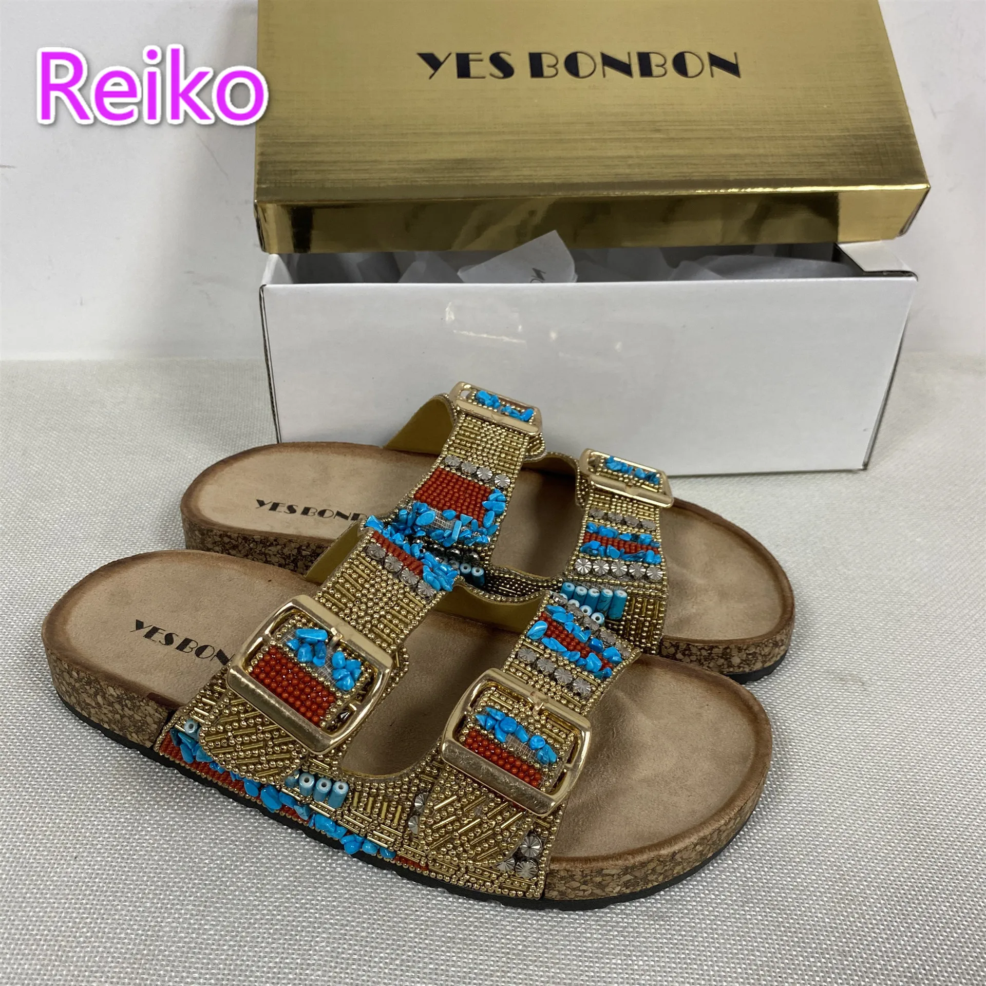 

Classic Designer Brand Retro Ethnic Style Gold Buckle Spot Drill Decorative Hollow Women Slippers Za Woman 2021 Sapatos De Mujer
