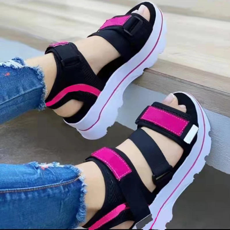 

2022 New Women Open Toe Platform Sandals Thick Bottom Stretch Hoop Look Wedges Punk Style Patchwork Ladies Beach Shoes Footwear