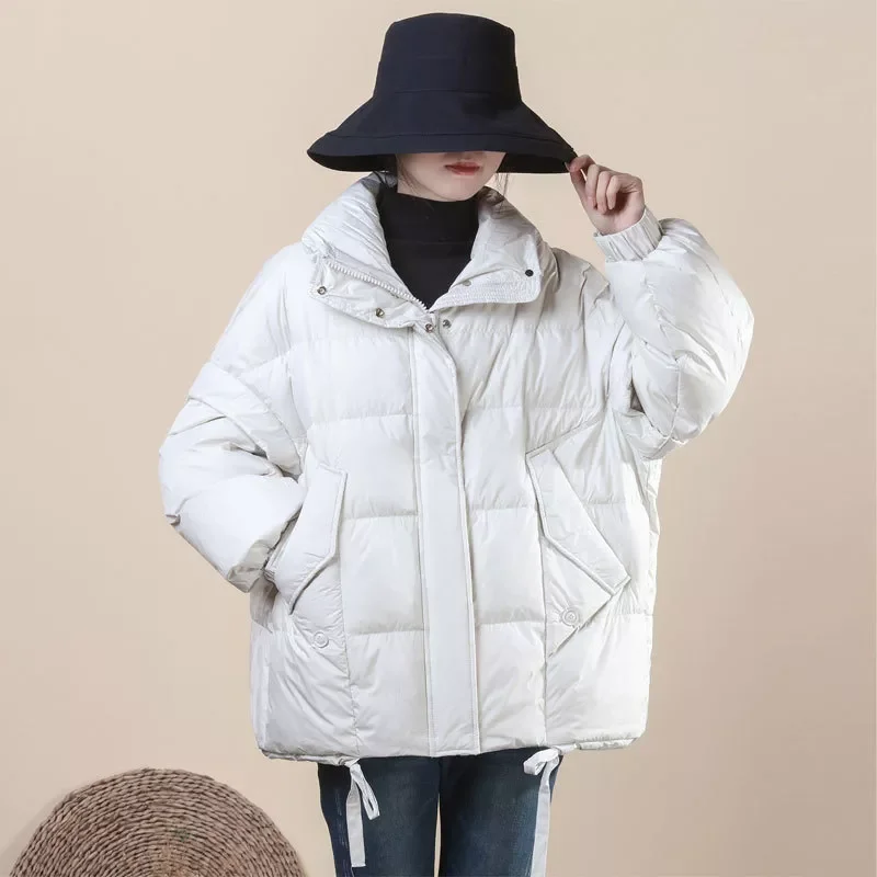 2022NEW Winter Down Jackets Women Vintage Loose Stand Collar Warm Draw String Casual White Duck Down Coats Female Plus Size Jack