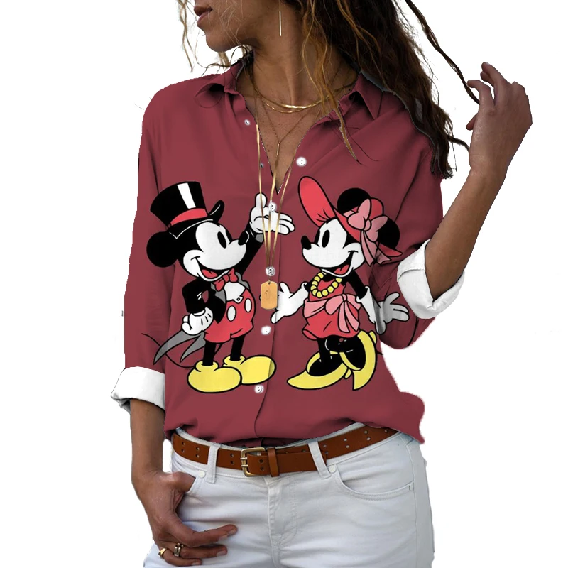 Chemise boutonnée à simple boutonnage pour femme manches longues coupe couvertes impression 3D Minnie Harajuku revers-decon