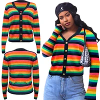 s3884 ladies sweater knitwear spring and autumn fashion striped print v neck button long sleeve cardigan sweater women