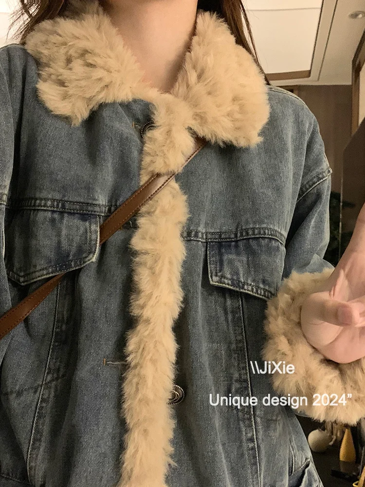 Thickened Fleece-lined Quilted Lamb Wool Denim coat Women Winter Cotton-Padded Clothes High Sense Berber Fleece Parker ...